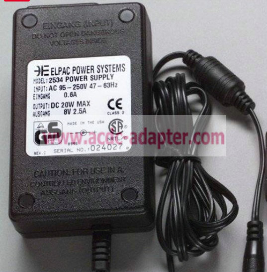 New 8V 2.5A ELPAC POWER SYSTEMS 2534 POWER SUPPLY ac adapter